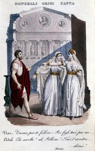 Representation of the interpreters of the first performance of “La Norma” by Vincenzo Bellini (1801 - 1835): from left to right Domenico Donzelli (Pollione), Giuditta Grisi (Adalgisa) and Giuditta Pasta (Norma). 1833
