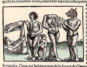 Representation of the monsters described by Amerigo Vespucci (1451-1512): from left to right: a manopod, a cyclops, a man with two heads, a man without a head and a man with a dog