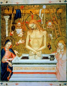 Resurrection of Christ: Christ coming out of the tomb between the Virgin and Saint John with the instruments of passion. Miniature from a French manuscript
