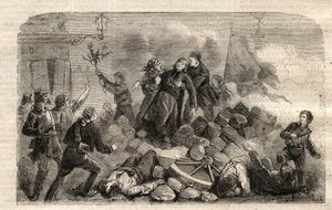 Revolution 1848: The Archeveque Monsignor Denis Affre (1793-1848) on the Barricade Faubourg Saint Antoine in Paris 26/06/1848 (Do o mon dieu que mon sang soit le dernier verse) (Death Denis Affre Archbishop of Paris of the barricade at the entrance to t
