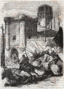 Rodomont breaks the doors of the Palais in Paris - engraving of 1851 from 