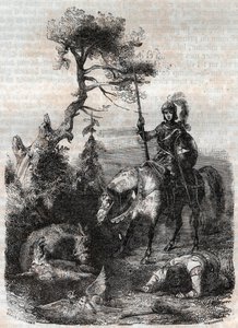Roger (Ruggero, Ruggiero) makes use of the enchanting shield - engraving of 1851 from Furious Roland (Orlando furioso) (16th century) by Ludovico Ariosto, known as the Ariosta - Edition translated from Italian by the Count of Tressan and published by
