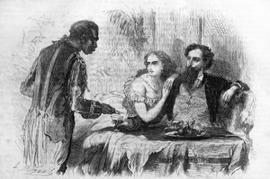 Roman serial: The Puritans of Paris by Paul Bocage. The negre brought Robert the business card. Engraving in Les bons romances