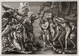 Royaumont Bible, New Testament: Baptism of Jesus Christ. Saint John the Baptist baptizing Jesus Christ in the waters of the Jordan River. Illustration from 1811. by Unknown artist