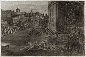 Royaumont Bible, New Testament: Death of the two Prophets. The vision Saint John had of two dead Prophets, who then resurrected. Seventh trumpet of Revelation. Illustration from 1811. by Unknown artist