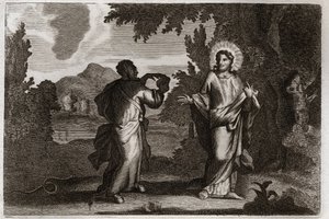 Royaumont Bible, New Testament: Jesus Christ in the desert. Jesus is driven into the desert. He fasts forty days and forty nights. He is tempted by the demon who invites him to turn stones into bread. Illustration from 1811.