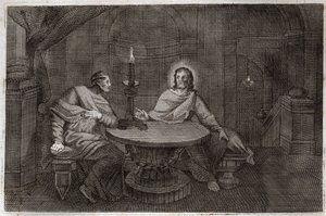 Royaumont Bible, New Testament: Nicodemus comes to find Jesus Christ at night. Illustration from 1811. by Unknown artist