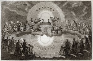 Royaumont Bible, New Testament: Open Heaven. A throne appears surrounded by a lion, an ox, a man and an eagle (tetramorph) and seven lamps. Twenty-four old people sitting on thrones surround this vision. Illustration from 1811 by Unknown artist