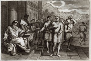 Royaumont Bible, New Testament: Parable of vine workers or parable of workers of the eleventh hour. Workers that the Father of the family sends to work in his vineyard. Illustration from 1811. by Unknown artist