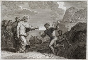Royaumont Bible, New Testament: Jesus Christ healed a possessed man that the demon made furious. Illustration from 1811