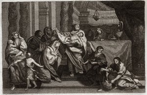 Royaumont Bible, New Testament: Purification of the Virgin or presentation in the Temple. The Holy Family offers Jesus Christ to the Temple and gives him to Simeon. A woman holds two doves in a basket. Illustration from 1811.