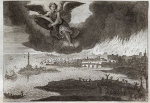 Royaumont Bible, New Testament: Ruin of Babylon. Babylon on Fire, an Angel Throws a Stone at the Sea, Symbolizing the Destruction of This City During the Revelation. Illustration from 1811 by Unknown artist