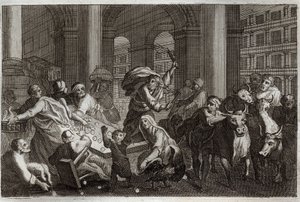 Royaumont Bible, New Testament: Sellers Hunt from the Temple. Jesus Christ drives away from the Temple those who profaned him by the traffic they were doing there. Illustration from 1811 by Unknown artist