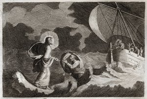 Royaumont Bible, New Testament: St. Peter walks on water. Jesus Christ walks on the sea, and makes Saint Peter walk there. Illustration from 1811 by Unknown artist