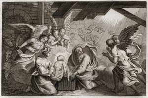 Royaumont Bible, New Testament: The Nativity. Jesus Christ was born from the Blessed Virgin Mary in a stable in Bethlehem. Illustration from 1811 by Unknown artist