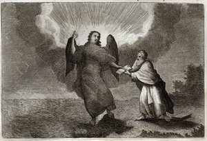 Royaumont Bible, New Testament: Vision of Saint John. Vision of the Angel with an Open Book gives Saint John to devour it. Illustration from 1811. by Unknown artist