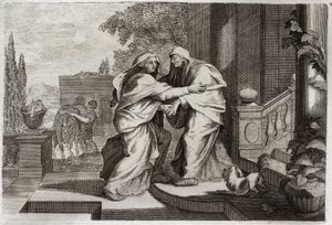 Royaumont Bible, New Testament: Visitation. The Blessed Virgin Mary visits her cousin Elisabeth. Illustration from 1811