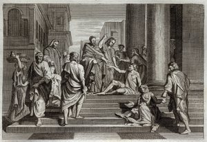 Royaumont Bible, New Testament: War of the lame. Saint Peter, accompanied by Saint John, miraculously warried a lame man in Jerusalem. Illustration from 1811