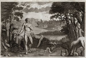 Royaumont Bible, Old Testament: Creation of Man and Woman. God who created man, puts him in the earthly Paradise, and forbids him to eat of the fruit of the tree of the knowledge of good and evil. Illustration from 1811.