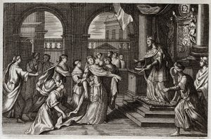 Royaumont Bible, Old Testament: Esther will present herself before King Xerxes I (Assuerus I), with the intention of saving her people from the death that threatened them. Illustration from 1811.