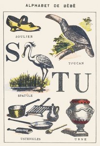 S T U: shoe, spatula, toucan, utensils, urn by Unknown artist