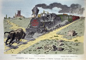 Satirical allegorical vignette: the bull symbol of capitalism tries to stop the train of labor reform. Each wagon is designed for a country: Germany, France, England, Italy 1897 by Unknown artist