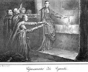 Scene depicting Jesuites taking oath. Engraving from the end of the 19th century by Unknown artist