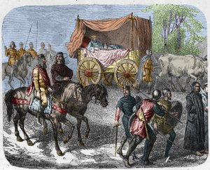 Scene depicting the lazy kings: King of France Thierry III carries in a tank with a bed pulled by oxen. by Unknown artist