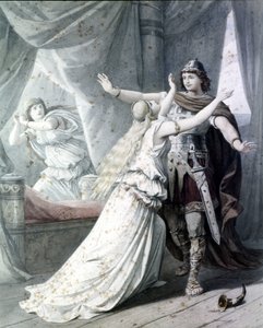 Scene of “Cola Rienzi, the last of the Tribuns”, opera by Richard Wagner representing the Heros Rienzi with Irene in the Capitol Palace. 1842. Engraving