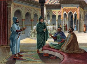 Scenes of Disappeared Kingdoms: Moorish Council (Moorish, name given to Arabs who occupied part of Spain) in the Alhambra Palace in Granada. Granada is the last Moorish state, finished in 1482. Chromolithography of the 19th century