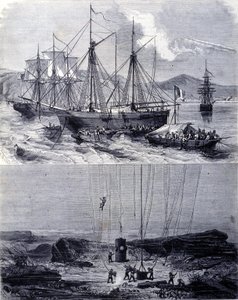 Search for Spanish galleons shipwrecks in Vigo Bay in 1702. 19th century by Unknown artist