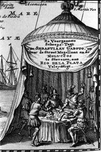 Sebastiano Caboto (Sebastien Cabot) represents on the cartridge of a navigation map with other navigators. The beginning of the 17th century by Unknown artist