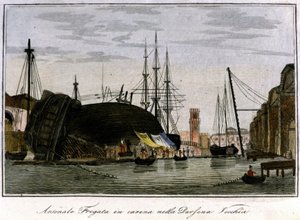 Ship shot down in the hull. Venetian fregate whose hull is being repaired in the arsenal. Engraving of the 19th century. by Unknown artist