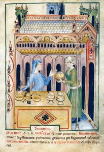 Shop with butter bread and two women, illustration from Tacuinum sanitatis