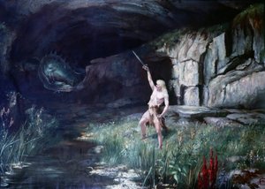 Siegfried, facing the dragon Fafner, waved his sword. Stage of the Opera 