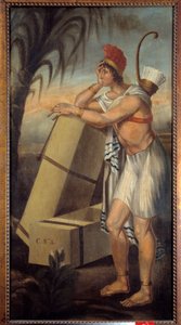 Sign of tobacco dealers representing an American Indian leaning on boxes of tobacco by Unknown artist