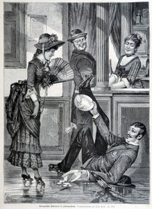 Skating scene in a brewery. A boy falls and breaks the plates he was wearing (1883) by Unknown artist