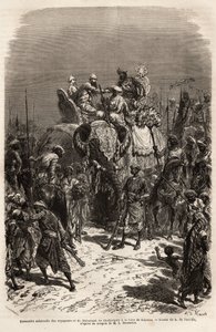 Solemn meeting and hand-held on the back of an elephant, between the team of travelers and the Maharajah of Chutterpore, at the fair of Kajraha. Engraving to illustrate the voyage in India of the Rajahs, by Louis Rousselet, in 1864-1868, published in “Le t