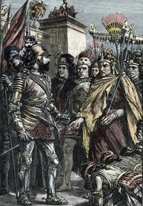 Spanish Conquest of Mexico: meeting between Hernan Cortes and Montezuma II in 1519 by Unknown artist