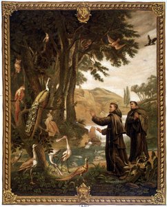 St. Francis of Assisi talking to birds - 19th century chromo reproducing an 18th century painting