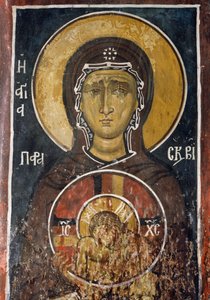 St Paraskevi, personification of Good Friday holding icon of Christ of Supreme Humility, fresco, Byzantine church of Our Lady of Asinou, Troodos mountains, Cyprus (1332-1333) by Unknown artist