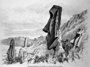 Statues placed on the slope of the volcano of Ronoraraka on Easter Island (Rapa Nui). by Unknown artist