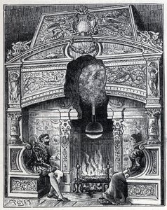 Steam and solar heat: Eolipyl fireplace, steam and reaction machine system originally designed by Heron of Alexandria. Engraving in 