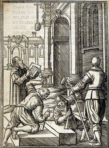 Stone cutters working on the construction of a cathedral - engraving by Unknown artist