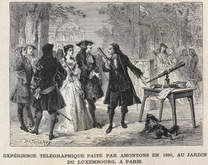 Telegraphic Experiment Made by Guillaume Amontons in 1690, at the Luxembourg Garden, Paris, Engraving 19th Century. Bianchetti Collection