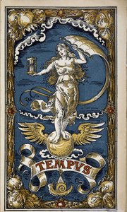 Tempus: allegory of time (feminine figure with hourglass, wind, wings), illustration for calendar 1889