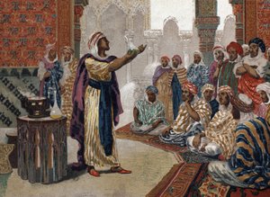 The Arab alchemist Geber (Jâbir ibn Hayyan) (v721-v815), etching chemistry. Barcelona 1881
