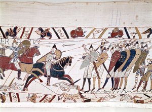 The Battle of Hastings, won by William I the Conqueror on 14/10/1066. Bayeux tapestry, known as Embroidery of Queen Mathilde.