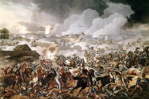 The British army commanded by the Duke of Wellington (1769 - 1852) won the Battle of Waterloo against the French troops of Napoleon I on 18/06/1815. Engraving of the period