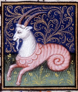 The Capricorn. Miniature of a horoscope. 15th century manuscript. Bibl. Trivulziana, Milan.